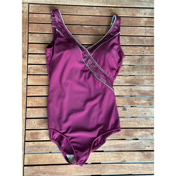 Roxanne One Piece Swimsuit 12/34B Bra Size D Plum Fuchsia Camisole Leotard Mesh - Picture 1 of 6